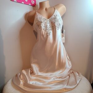 Linea Donatella Silky Satin Embroidered Midi Slip Dress Size Lg Blush